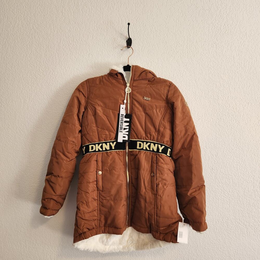DKNY Girl's Size Large 14/16‎ Reversable Burnt Orange/White Faux Fur Jacket NWT